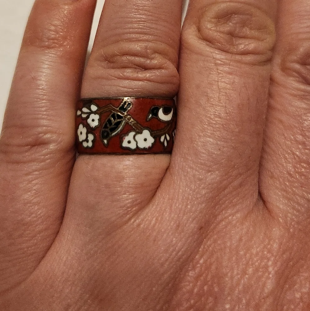 Cloisonne Enamel Ring, Red White Floral Cherry Blossom Bird, Sz 7, Japanese VTG